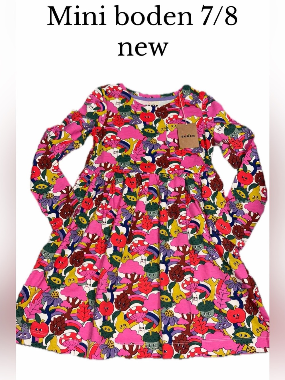 New mini boden fun jersey dress mushroom 7/8